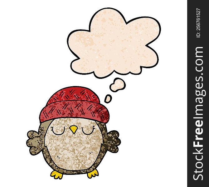 Cute Cartoon Owl In Hat And Thought Bubble In Grunge Texture Pattern Style