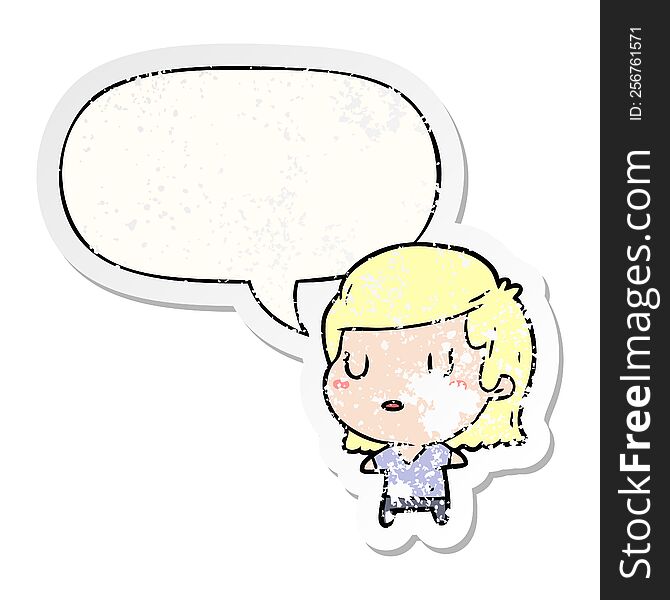 cartoon woman with speech bubble distressed distressed old sticker. cartoon woman with speech bubble distressed distressed old sticker
