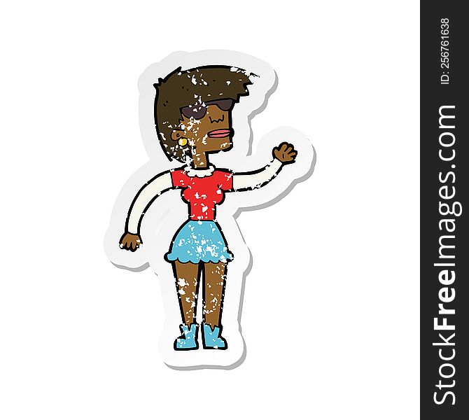 Retro Distressed Sticker Of A Cartoon Woman In Spectacles Waving