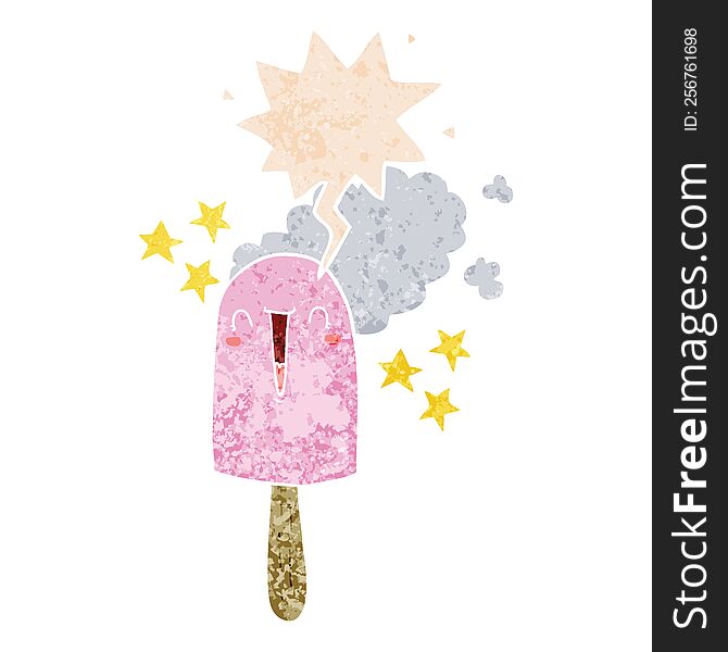 Cute Cartoon Ice Lolly And Speech Bubble In Retro Textured Style