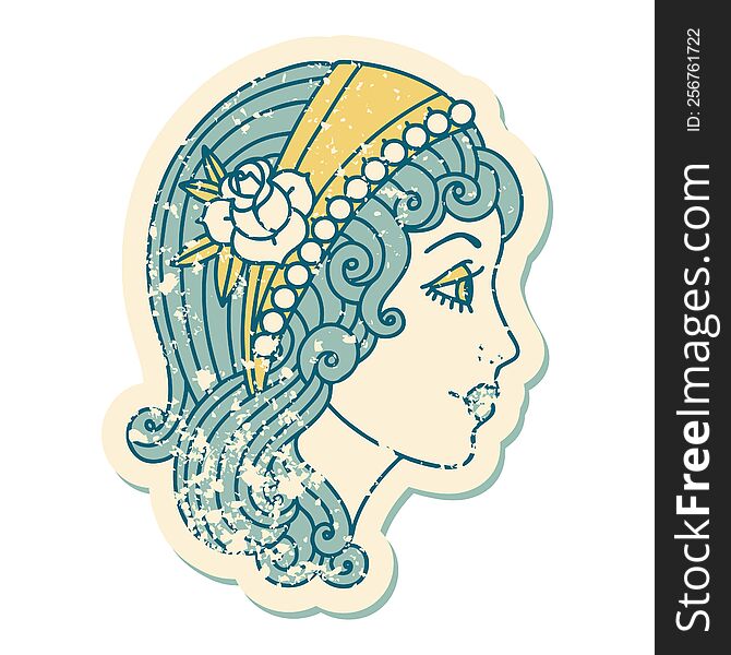 distressed sticker tattoo style icon of a gypsy head