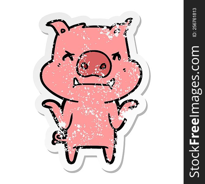 Distressed Sticker Of A Angry Cartoon Pig Shrugging Shoulders