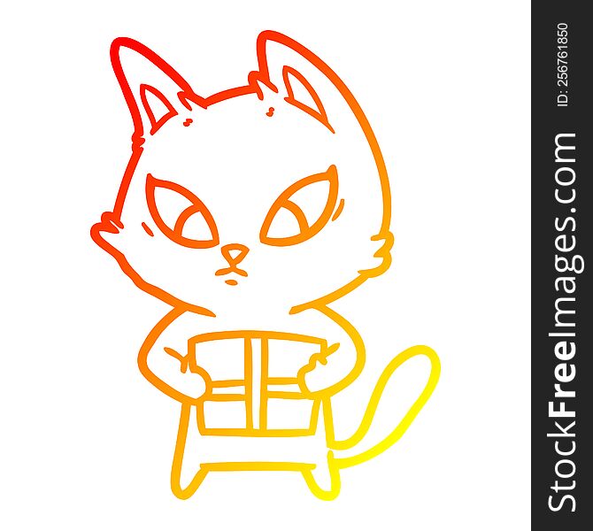 Warm Gradient Line Drawing Confused Cartoon Cat With Gift