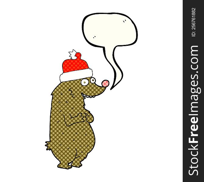 Comic Book Speech Bubble Cartoon Bear Wearing Christmas Hat