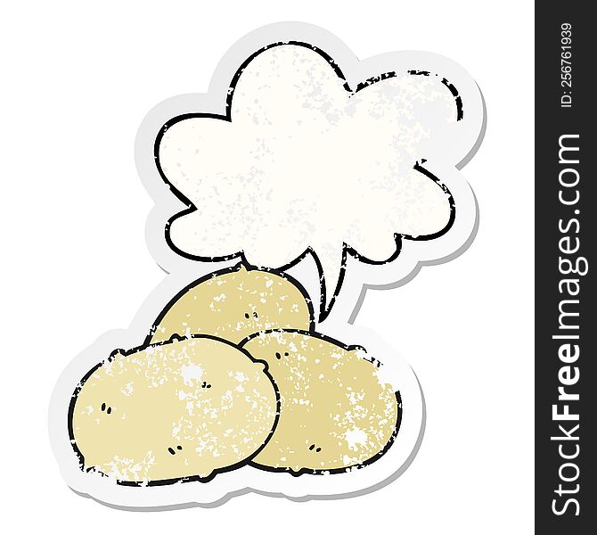cartoon potatoes with speech bubble distressed distressed old sticker. cartoon potatoes with speech bubble distressed distressed old sticker