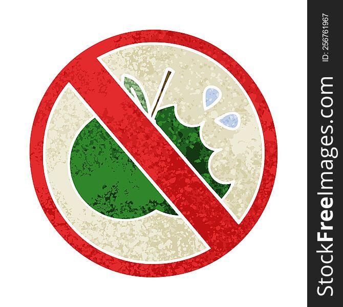 retro illustration style cartoon of a no healthy food allowed sign