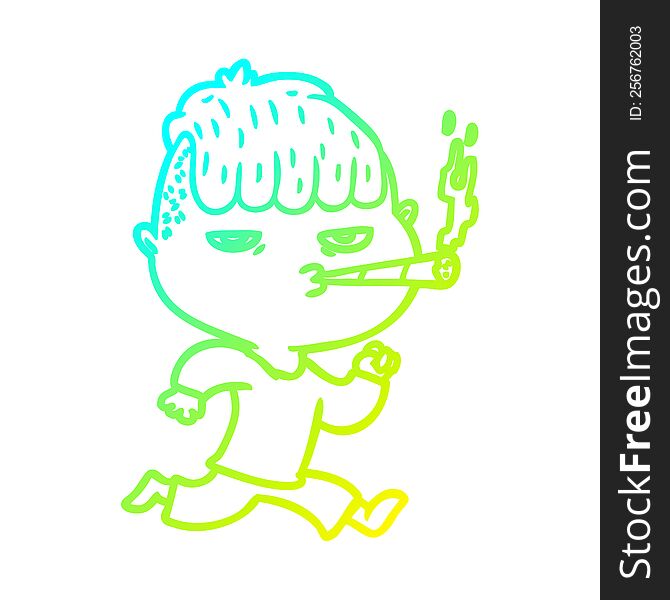 cold gradient line drawing of a cartoon man smoking whilst running