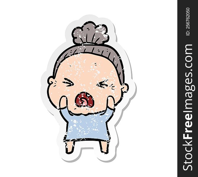 distressed sticker of a cartoon angry old woman