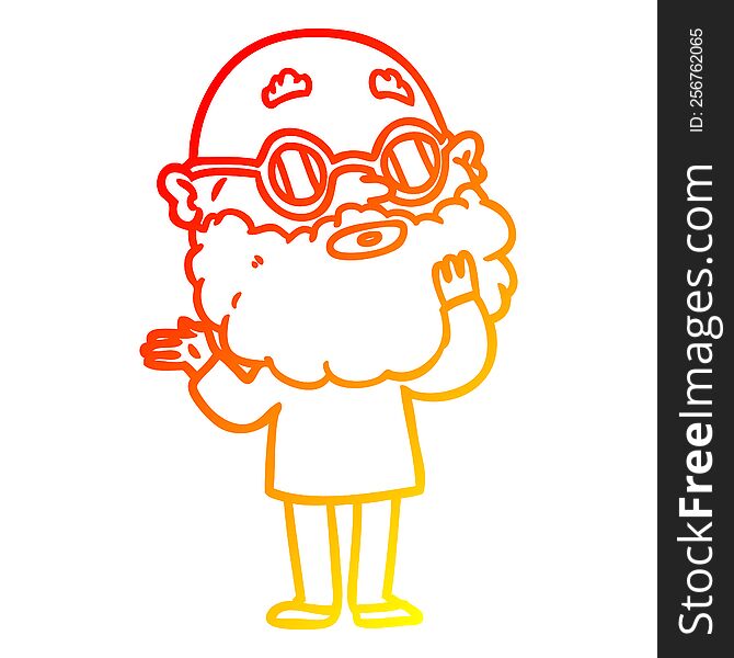 warm gradient line drawing of a cartoon curious man with beard and glasses