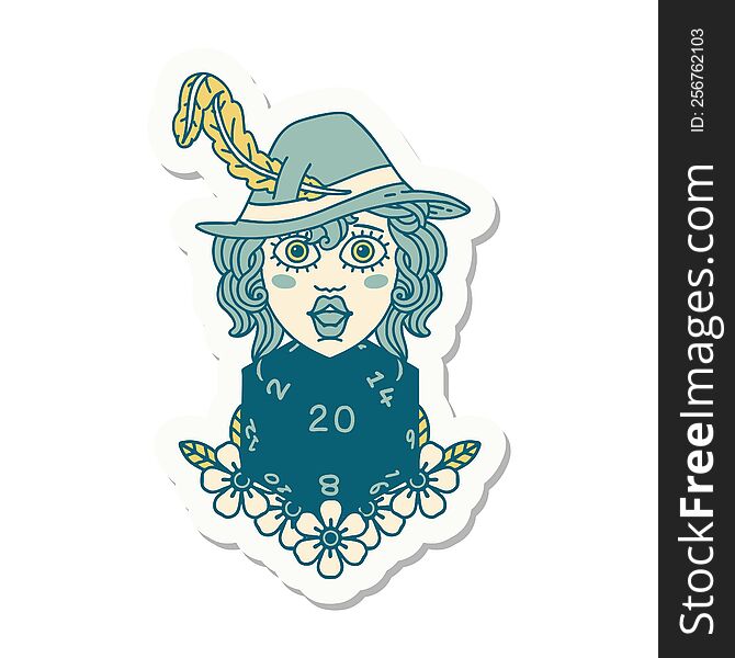 Human Bard With Natural 20 Dice Roll Sticker