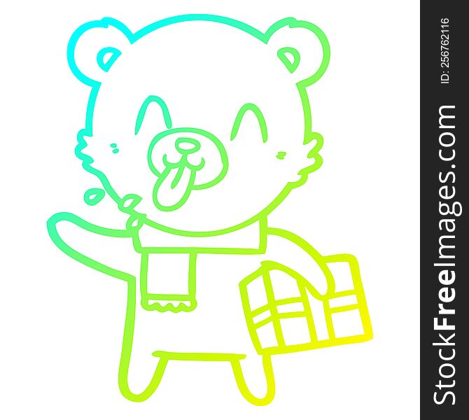 cold gradient line drawing of a rude cartoon bear with present