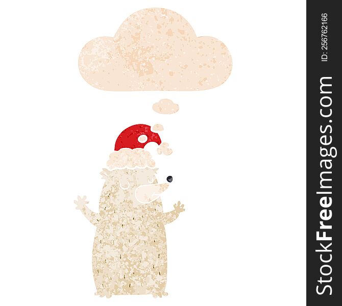 Cute Cartoon Christmas Bear And Thought Bubble In Retro Textured Style