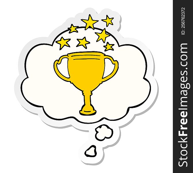 cartoon sports trophy with thought bubble as a printed sticker