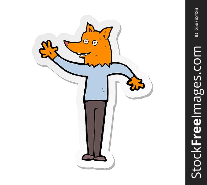 Sticker Of A Cartoon Waving Fox Man