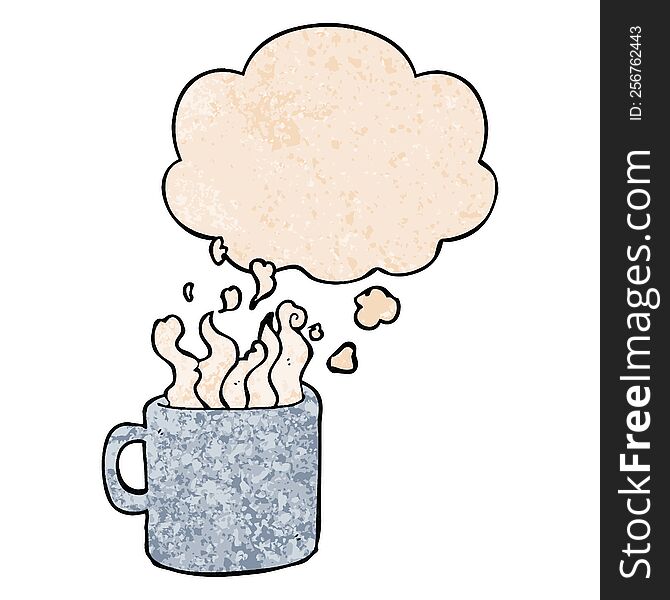 Cartoon Hot Cup Of Coffee And Thought Bubble In Grunge Texture Pattern Style
