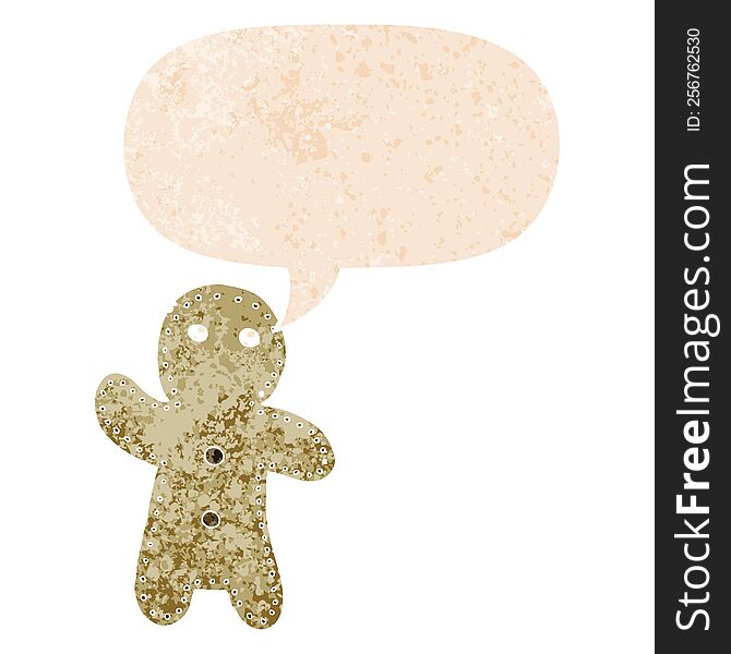 Cartoon Gingerbread Man And Speech Bubble In Retro Textured Style