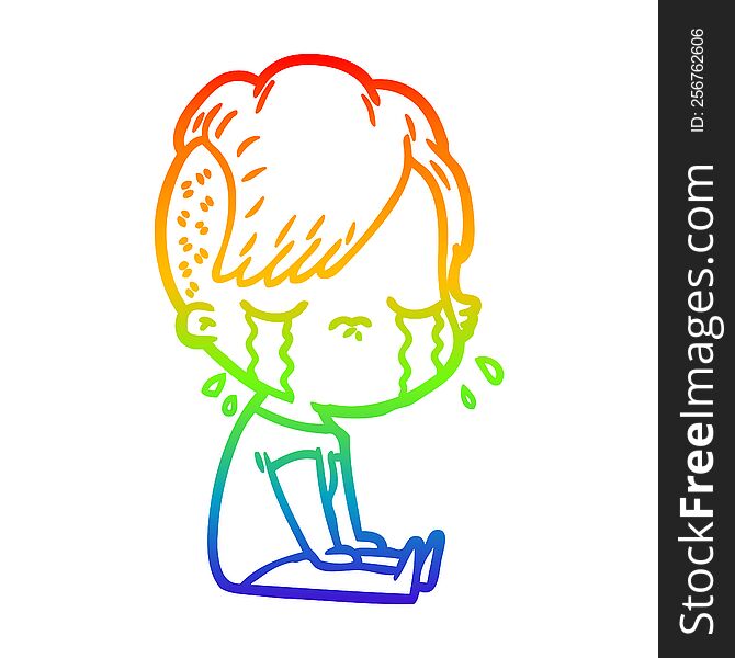 Rainbow Gradient Line Drawing Cartoon Crying Girl