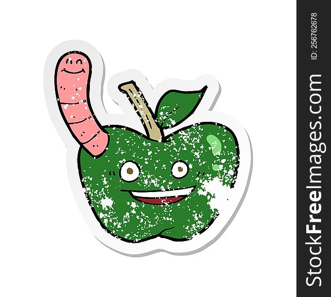 Retro Distressed Sticker Of A Cartoon Apple With Worm