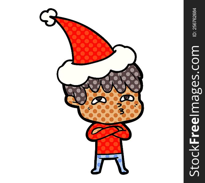 hand drawn comic book style illustration of a curious man wearing santa hat