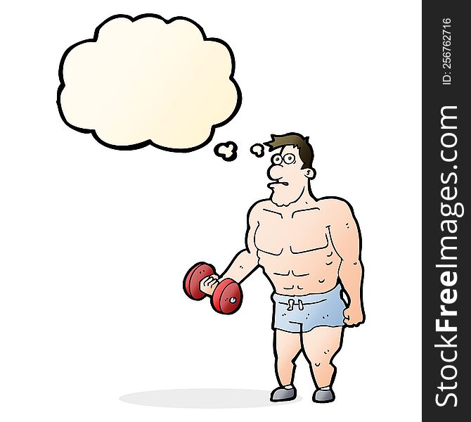 cartoon man lifting weights with thought bubble