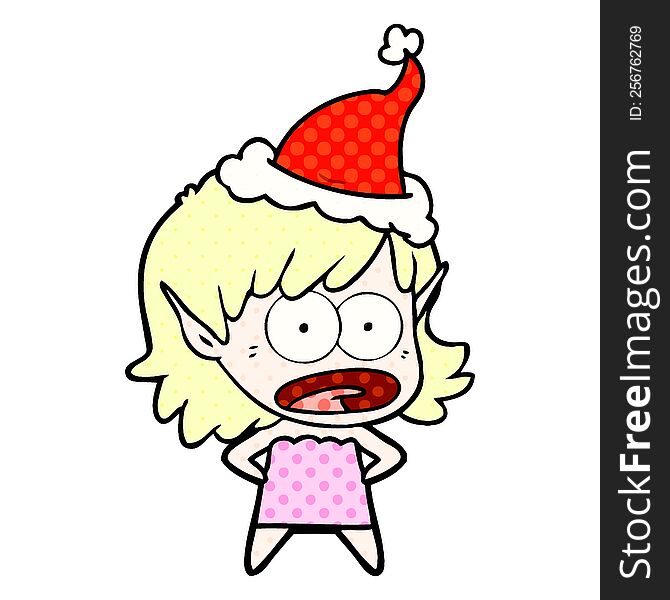 Comic Book Style Illustration Of A Shocked Elf Girl Wearing Santa Hat