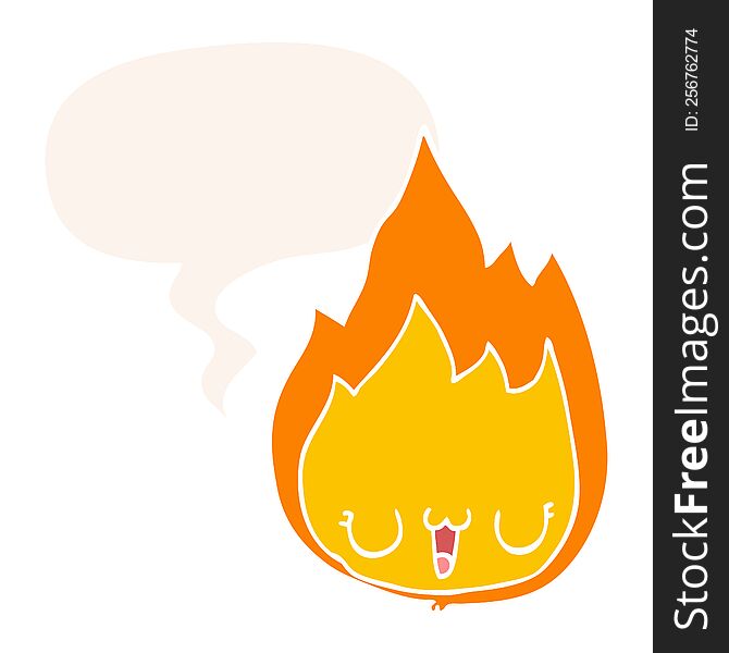 cartoon flame and face and speech bubble in retro style