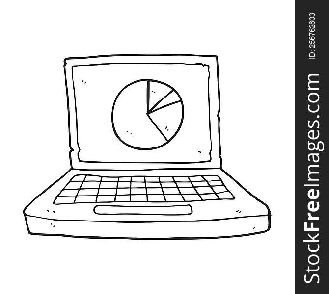 freehand drawn black and white cartoon laptop computer with pie chart