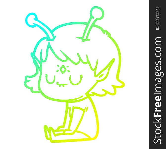 Cold Gradient Line Drawing Cartoon Alien Girl Sitting