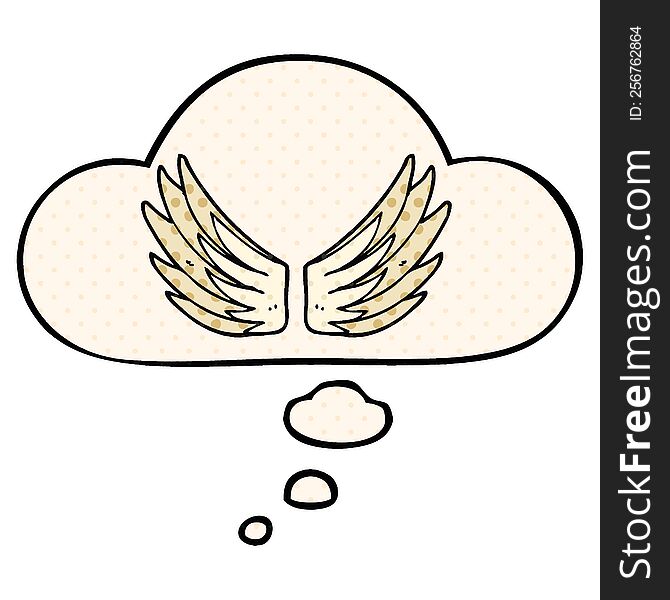 cartoon wings symbol with thought bubble in comic book style