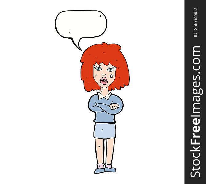 Cartoon Tough Woman With Folded Arms With Speech Bubble