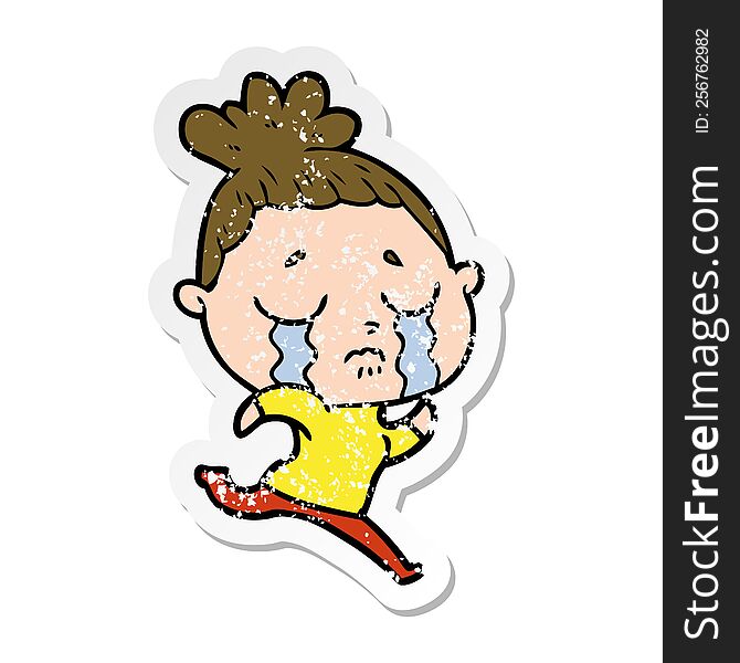distressed sticker of a cartoon crying woman running away