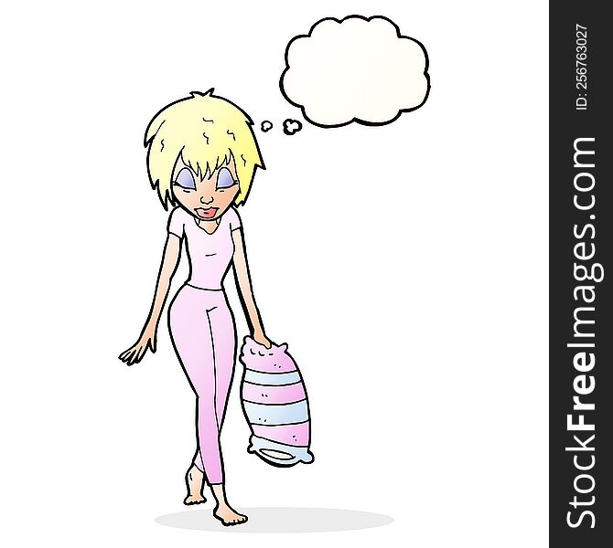 cartoon woman going to bed with thought bubble
