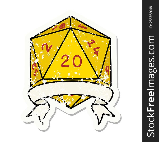 grunge sticker of a natural 20 critical hit D20 dice roll. grunge sticker of a natural 20 critical hit D20 dice roll