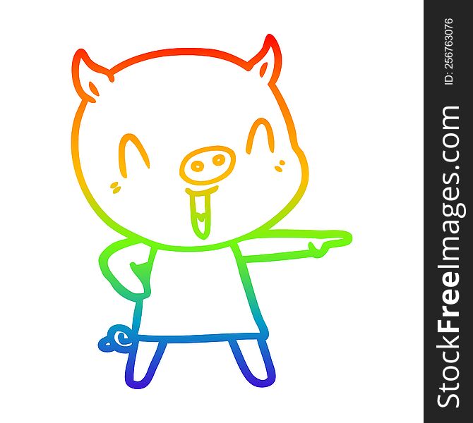 rainbow gradient line drawing of a happy cartoon pig in dress