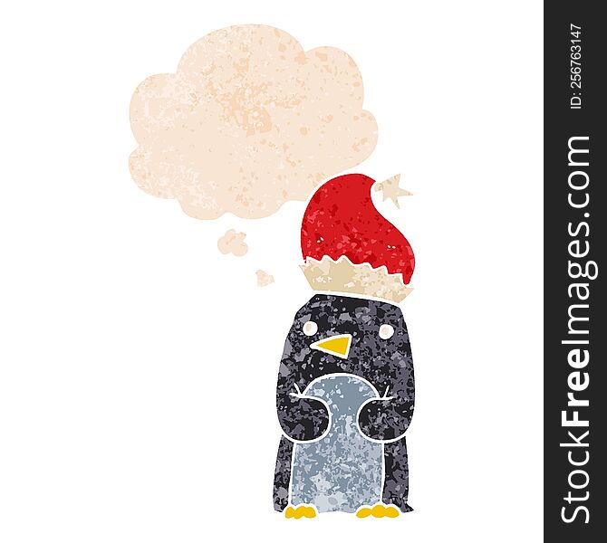 Cute Christmas Penguin And Thought Bubble In Retro Textured Style
