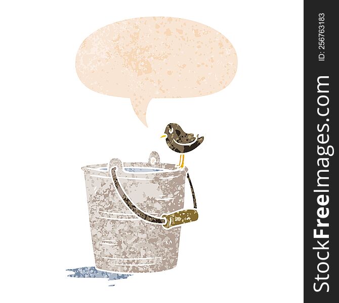 Cartoon Bucket Of Water And Speech Bubble In Retro Textured Style
