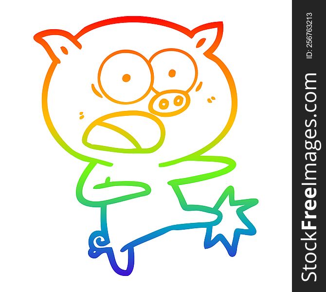 rainbow gradient line drawing of a cartoon pig shouting and kicking
