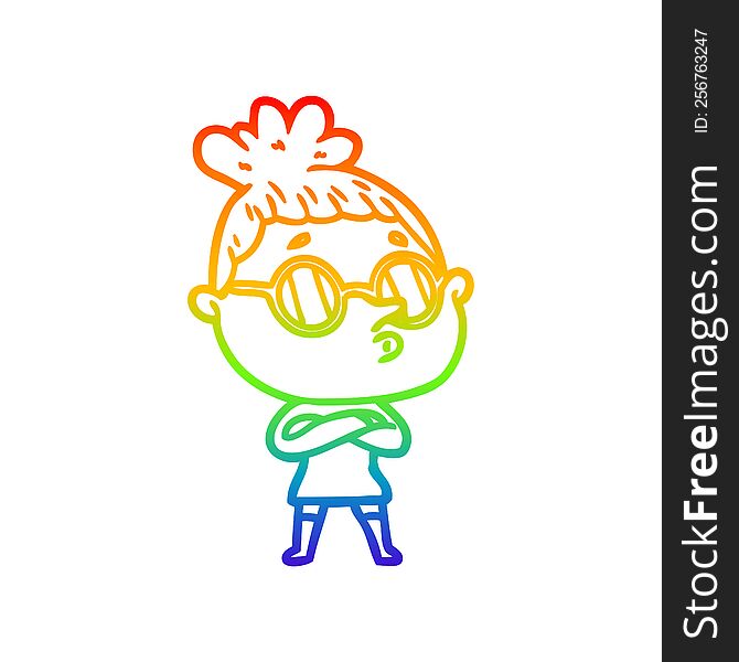 Rainbow Gradient Line Drawing Cartoon Woman Wearing Glasses