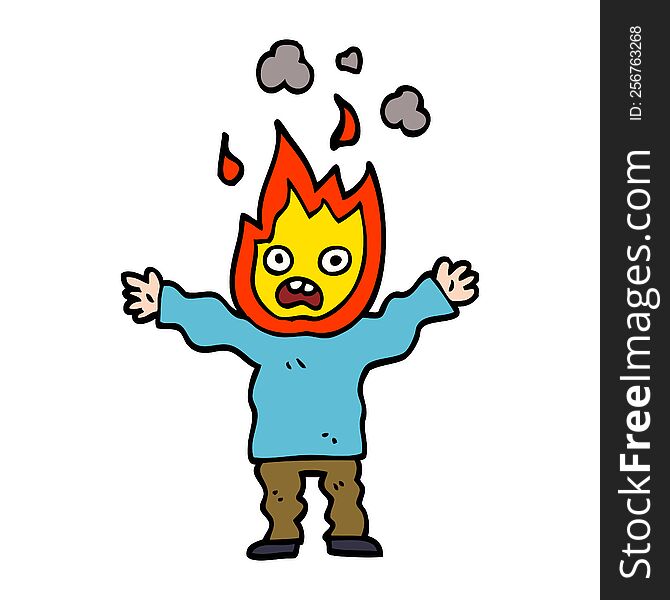 cartoon doodle man with head on fire