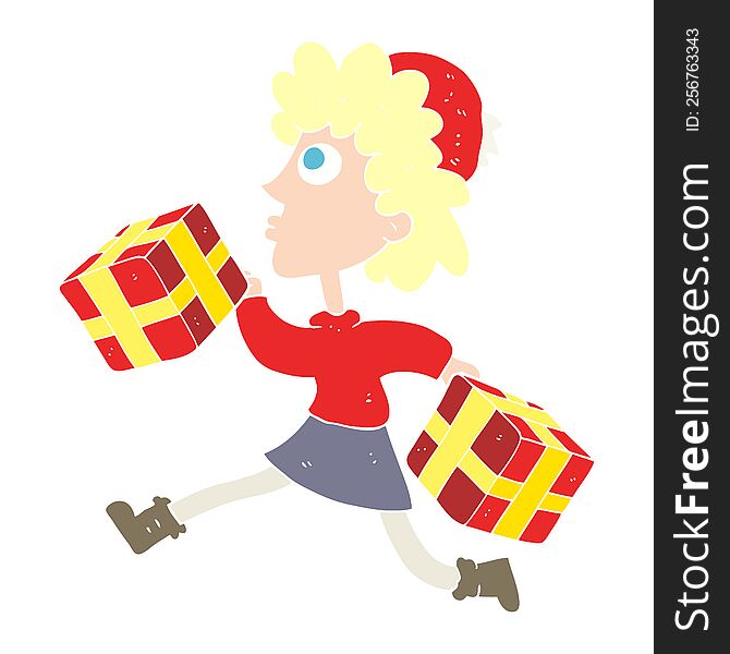 flat color illustration of running woman with presents. flat color illustration of running woman with presents