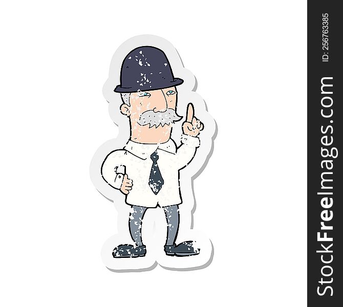 retro distressed sticker of a cartoon man in bowler hat