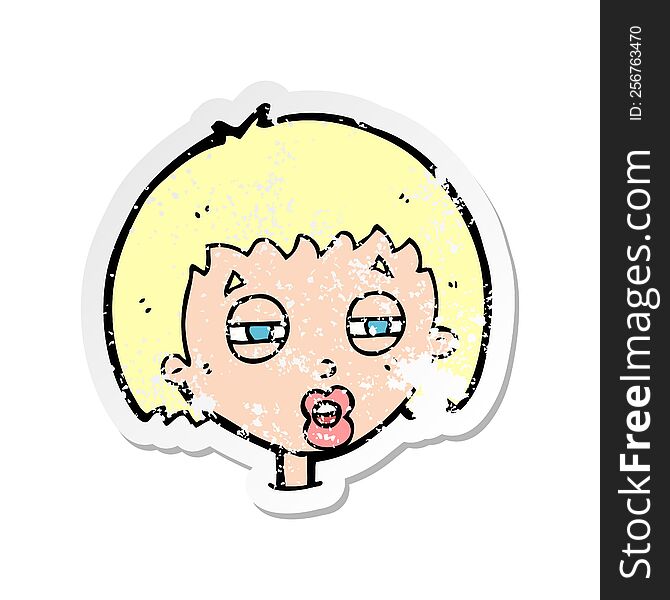 retro distressed sticker of a cartoon woman narrowing eyes