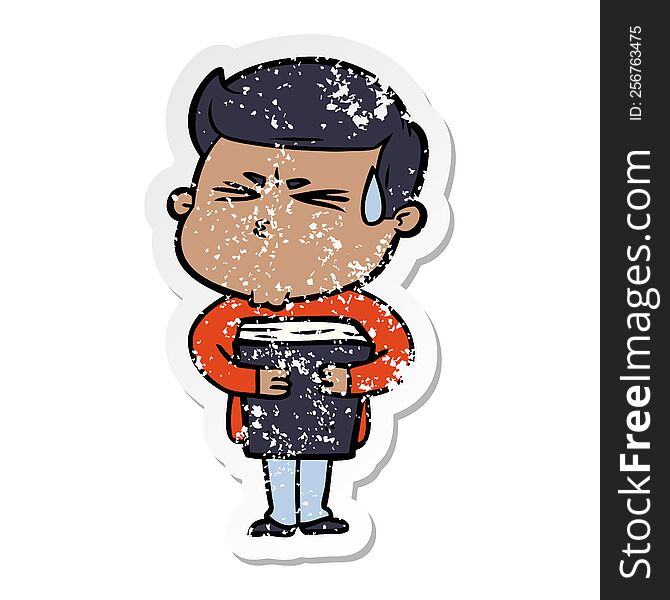 Distressed Sticker Of A Cartoon Man Sweating