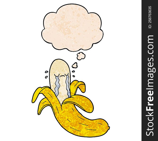 cartoon crying banana with thought bubble in grunge texture style. cartoon crying banana with thought bubble in grunge texture style