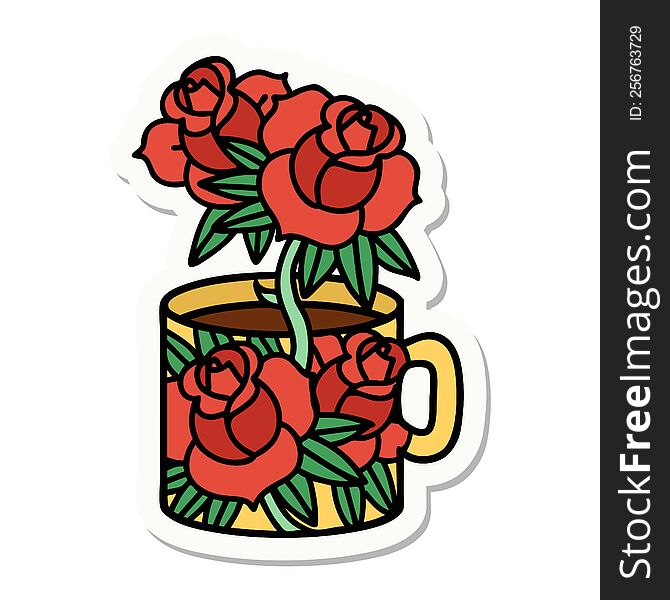 sticker of tattoo in traditional style of a cup and flowers. sticker of tattoo in traditional style of a cup and flowers
