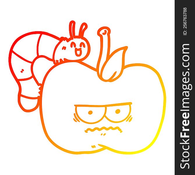 warm gradient line drawing of a cartoon grumpy apple and caterpillar