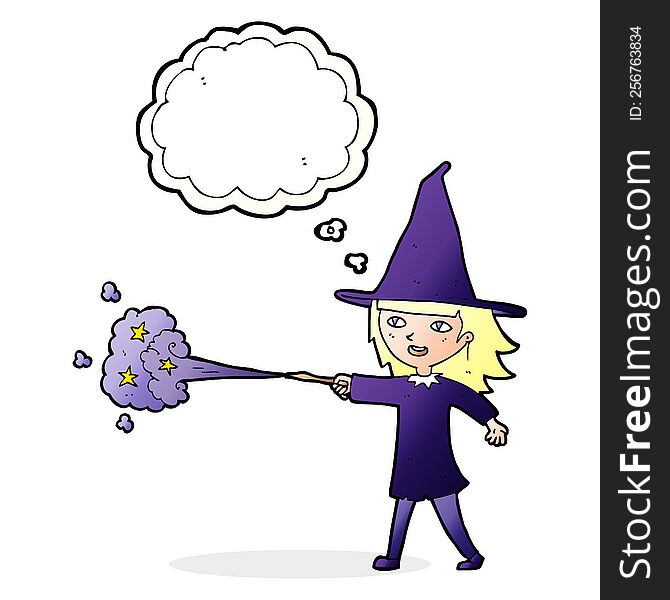 cartoon witch girl casting spell with thought bubble