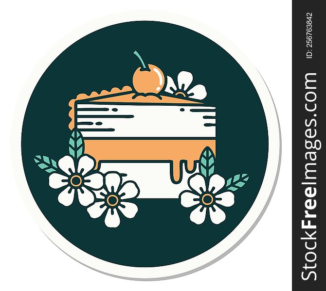 Tattoo Style Sticker Of A Slice Of Cake And Flowers
