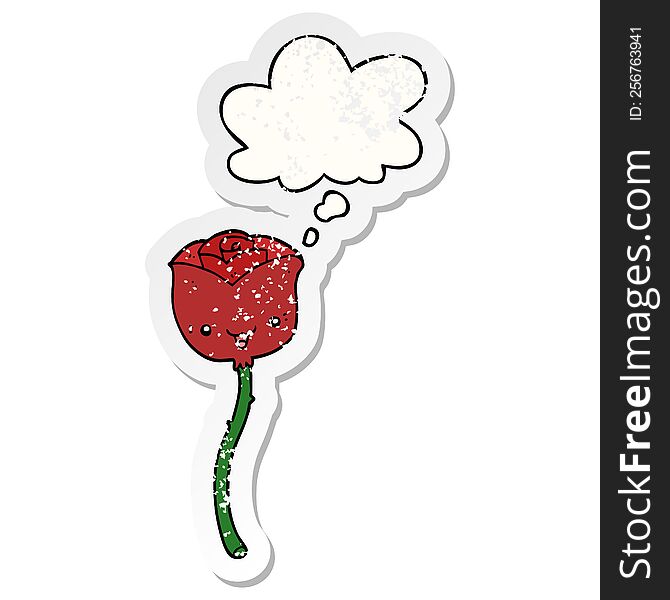 cartoon flower with thought bubble as a distressed worn sticker