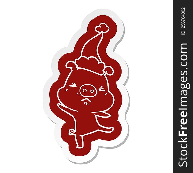 quirky cartoon  sticker of a furious pig wearing santa hat